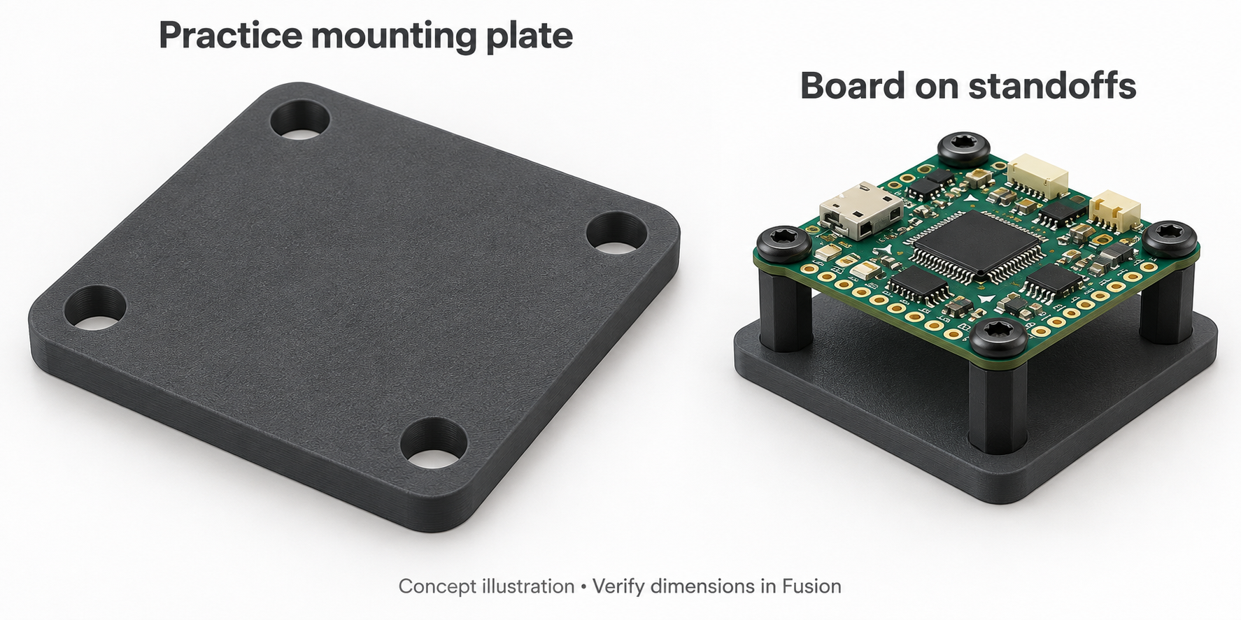 AI-generated concept image. Left: a dark square mounting plate with four holes. Right: the same style of plate with a small green circuit board held above it on four black standoffs. Text on the image reads "Concept illustration, Verify dimensions in Fusion."