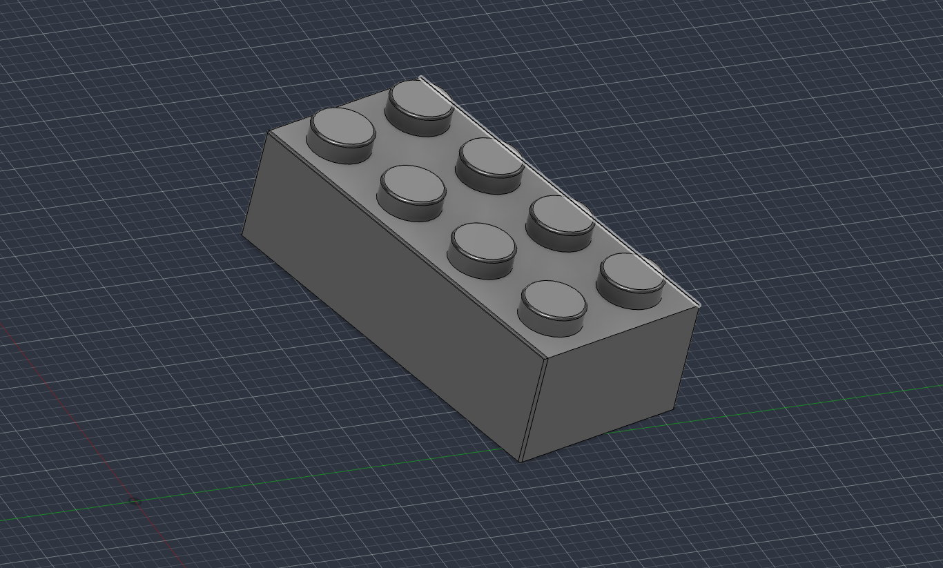A gray 2×4 toy block modeled in Autodesk Fusion, viewed from above at an angle, with eight round studs in two rows of four