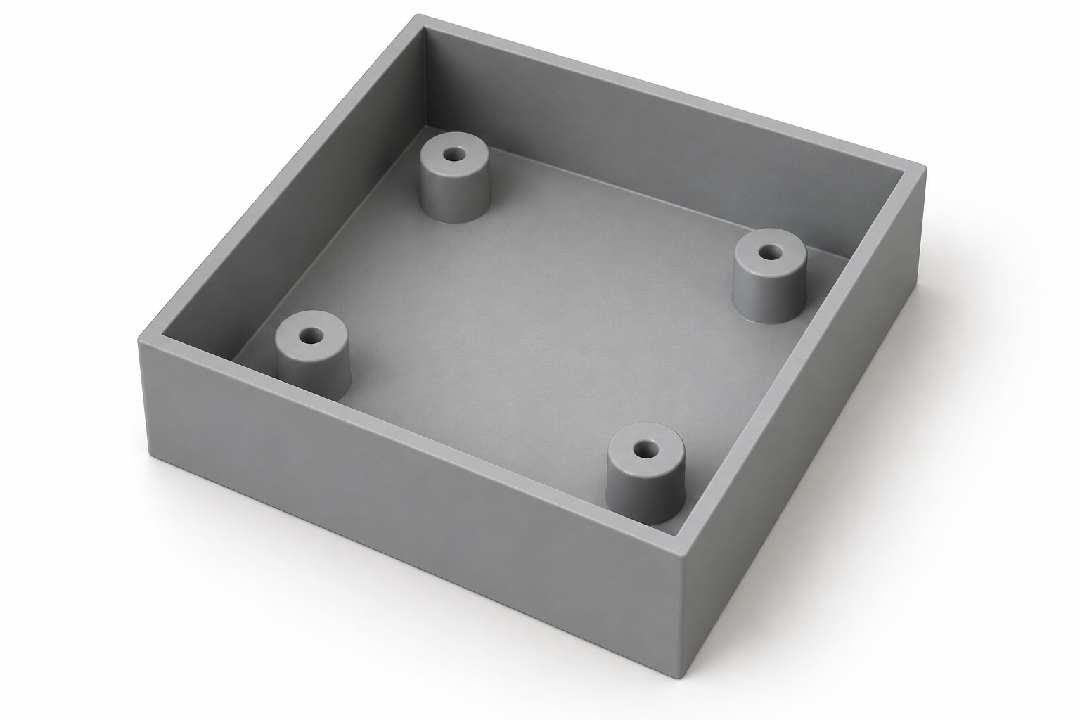 AI-generated concept image of a gray open-top square tray on a white background, with four short cylindrical posts inside, each with a small hole in the center