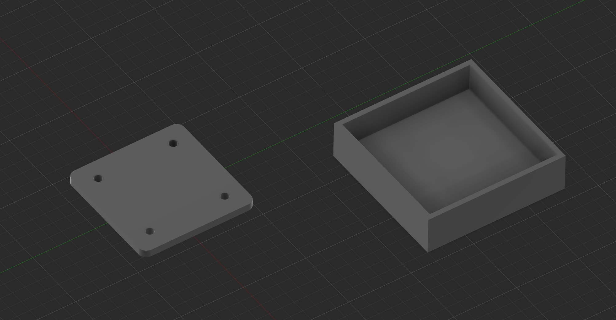 Autodesk Fusion viewport on a dark grid showing two gray parts: on the left, a flat square plate with rounded corners and four small holes near the corners; on the right, an open-top square tray with thin walls and a flat floor
