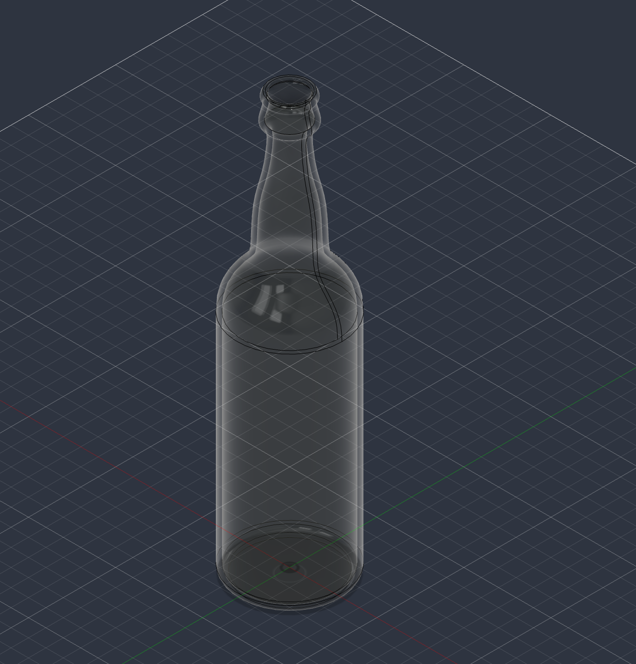A transparent bottle modeled in Autodesk Fusion on a dark grid, with a cylindrical body, a tapered neck with a raised ring, and an open top