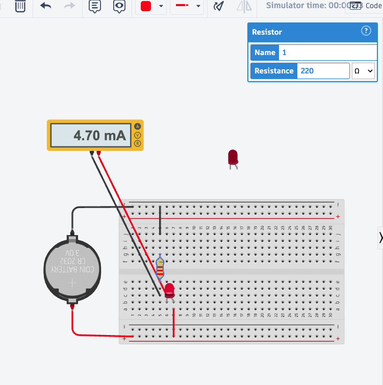 Tinkercad circuit with a CR2032 coin cell, a 220 Ω resistor selected in the properties panel, a red LED, and a multimeter in series reading 4.70 mA