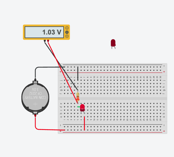 Tinkercad circuit with the coin cell, resistor, and LED, and the multimeter probes across the resistor reading 1.03 V