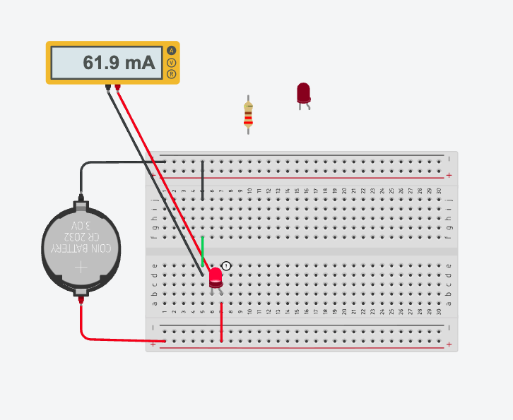 Tinkercad circuit with the resistor lifted off the breadboard, the LED connected directly in the loop, a warning icon next to the LED, and the meter reading 61.9 mA