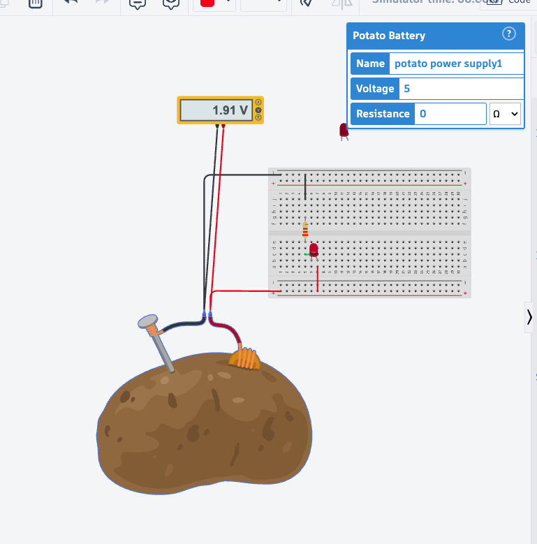 Tinkercad potato battery with the properties panel showing voltage 5 and resistance 0 Ω, and a connected multimeter reading 1.91 V