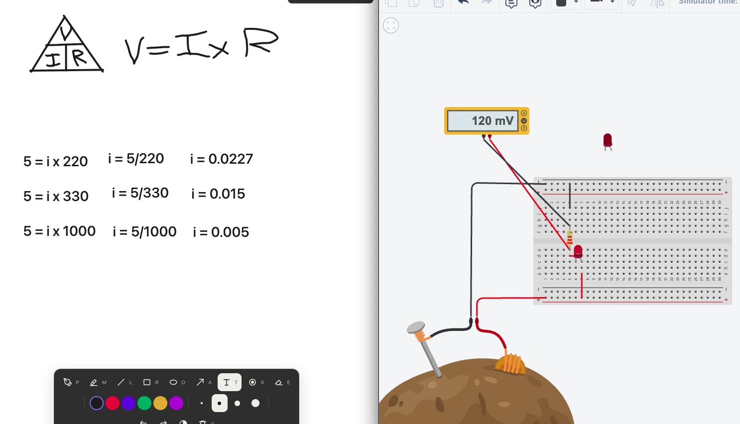 A whiteboard with the Ohm's law triangle and V = I × R, and three calculations dividing 5 by 220, 330, and 1,000, next to a Tinkercad circuit powered by a potato battery